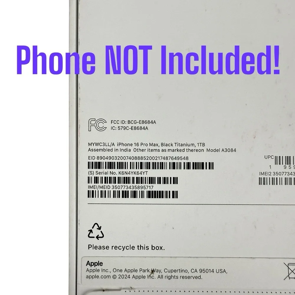 Apple iPhone 16 Pro Max EMPTY BOX W/Insert Black Titanium Replacement‎ Packaging